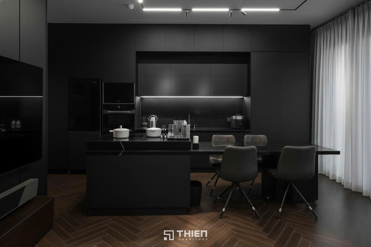 Tủ Bếp Căn Hộ Hiện Đại Màu Đen Cá Tính TBT124